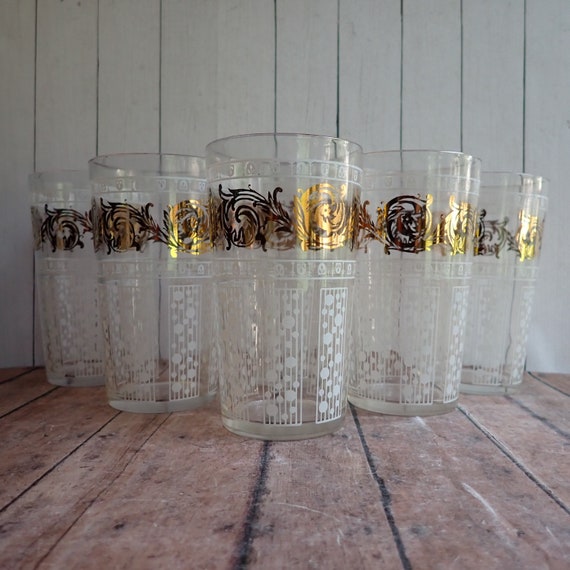 Vintage Jeanette Glass Hollywood Regency Clear Glass Tumblers Set of 6 Raining White Lines and Dots Gold Scroll Design Mid Century Barware