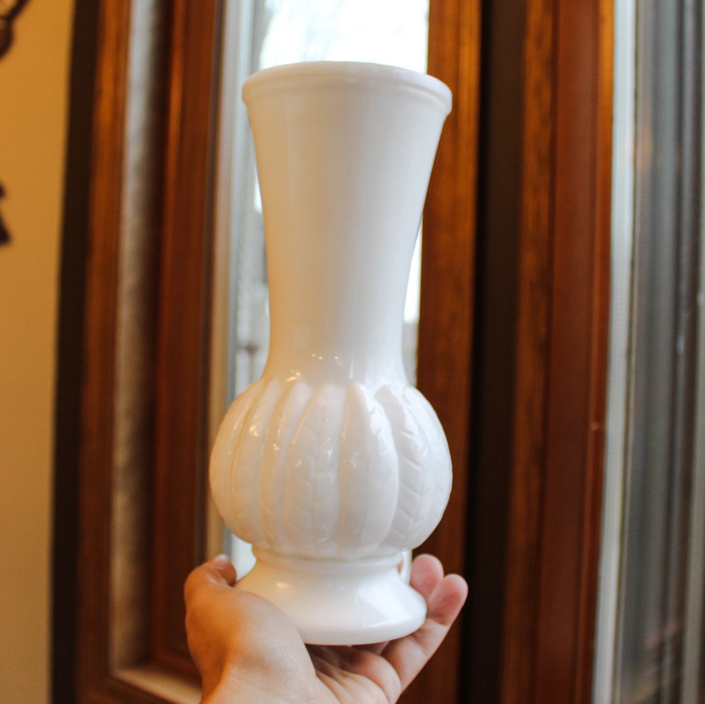 Vintage Large White Milk Glass Vase with Round Body and Leaf Etsy