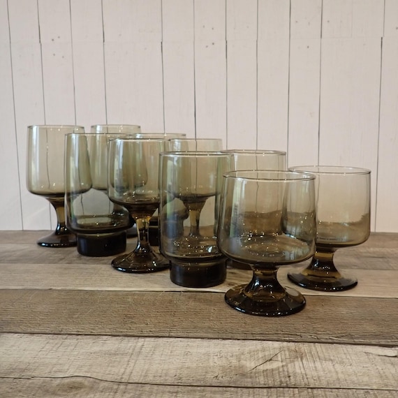 Vintage Libbey Glass TAWNY ACCENT Mismatched Set of 10 Glasses Smoky Brown Tumbler Goblet Wine Glass