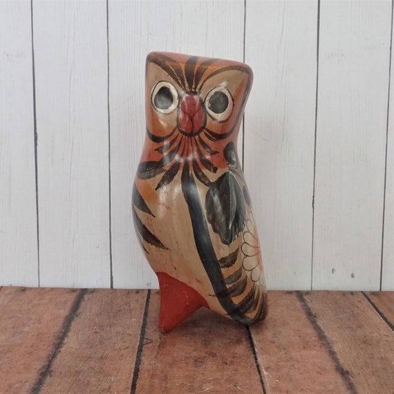 Vintage Mexican Burnished Pottery Tonala Owl Figurine Tan Beige with Gray Floral Design