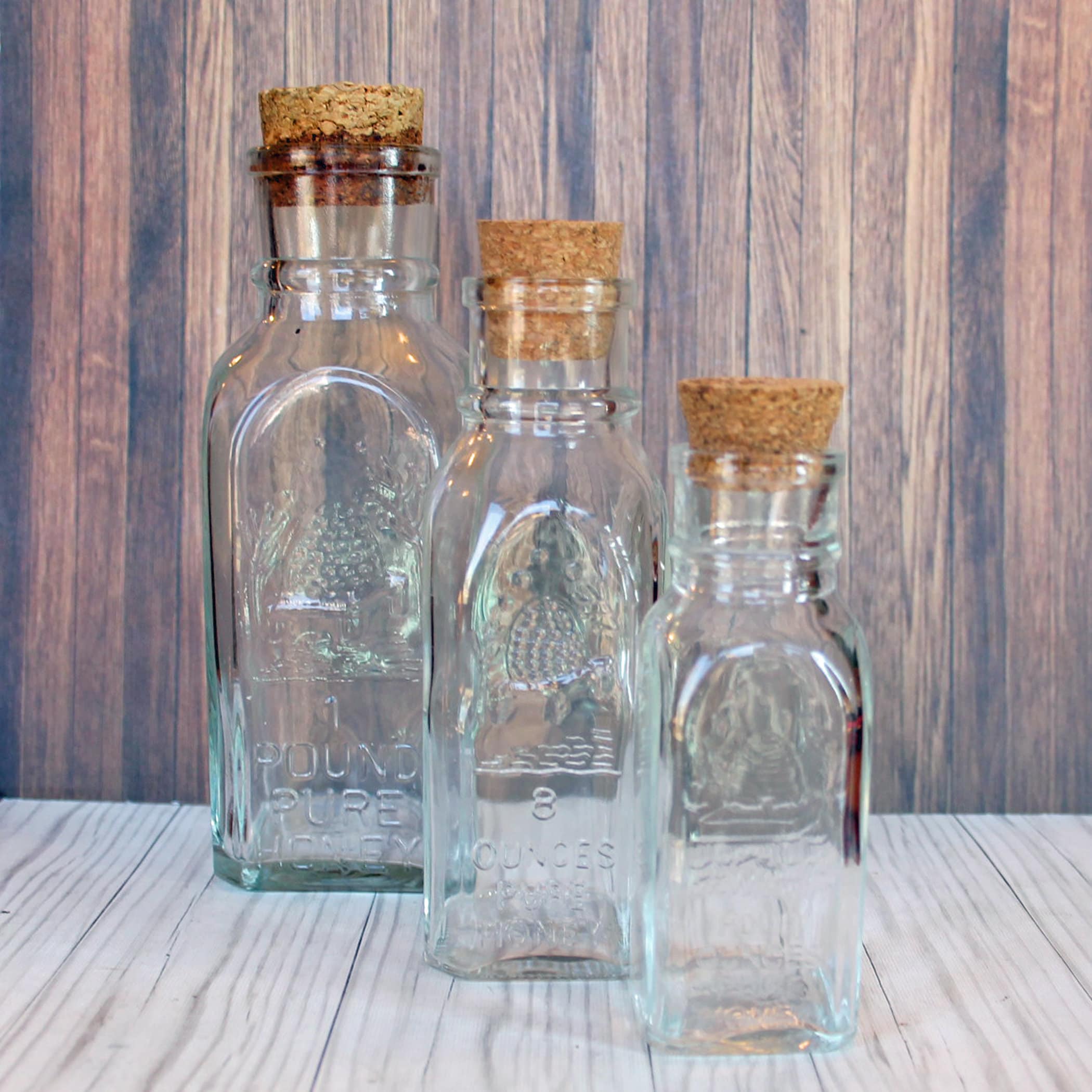 Vintage Glass Honey Bottles Jar with Cork Stopper Set of 3 Sizes Honey