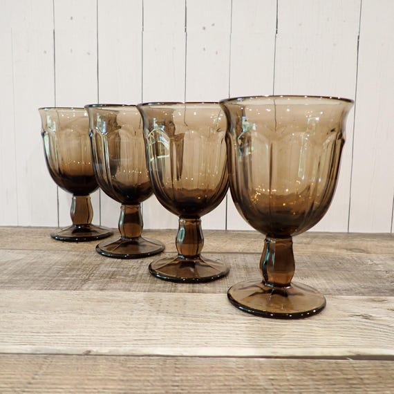 Vintage Noritake PROVINCIAL Brown Wine Glass Goblet Set of 4 Wine Glasses with Flat Panel Design