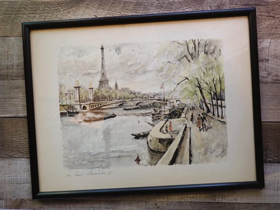 Vintage Franz Herbelot 14x18 Watercolor Framed Print Le Pont Alexandre III Paris and Eiffel Tower