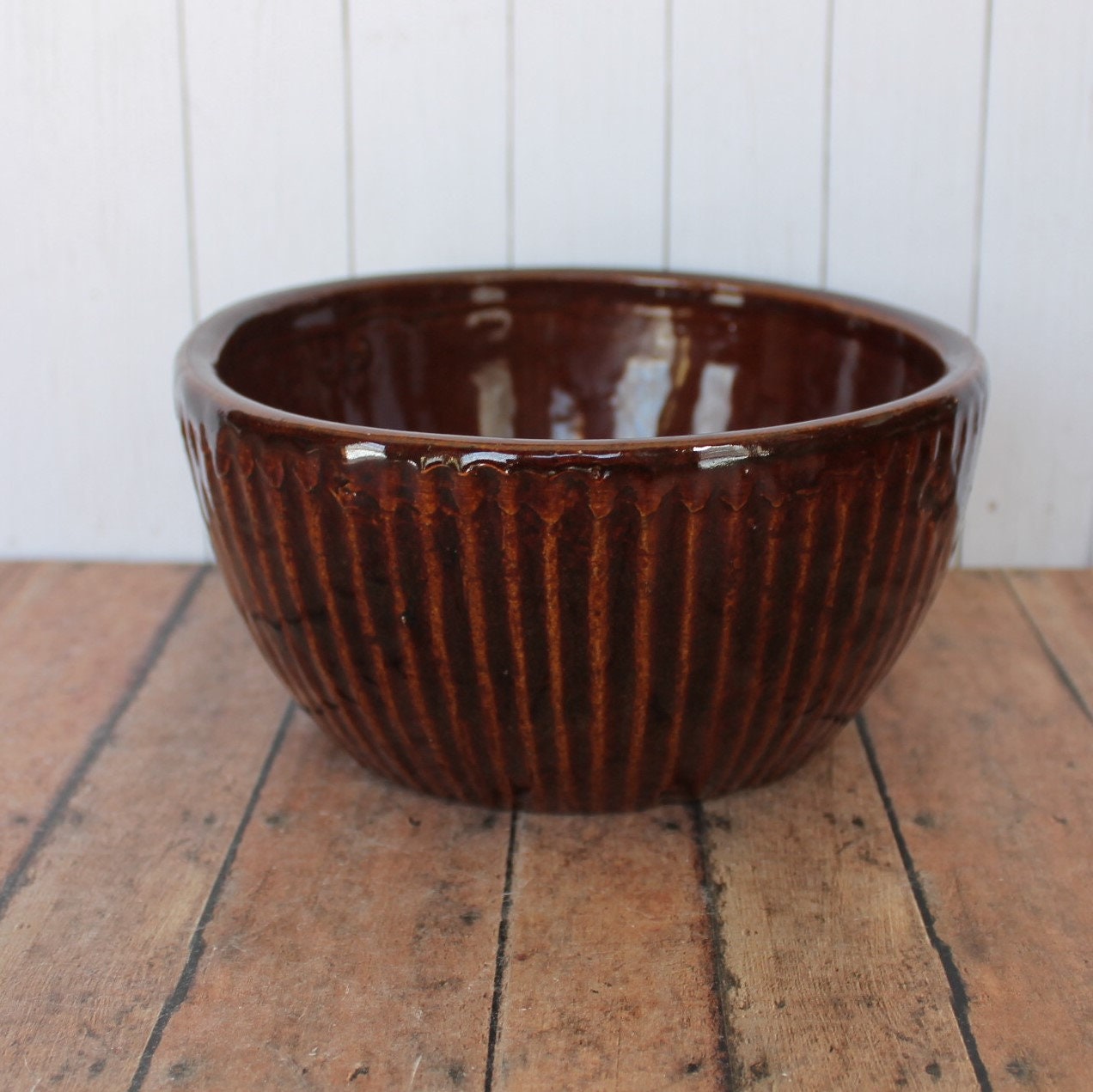 Vintage Zanesville Stoneware Planter Stoneage Modern Brown Ribbed Small Flowerpot 4408 Flower Pot