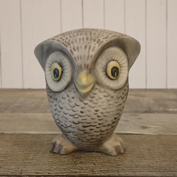 Vintage Ceramic Owl Figurine Gray and White Small Owl