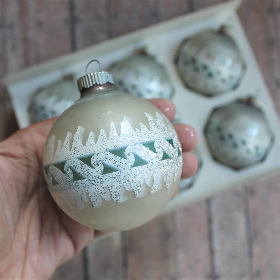 Vintage Shiny Brite Mercury Glass 2.75" Ball Ornament Set of 6 with Box Stenciled White Frosted with Blue Icicle Designs