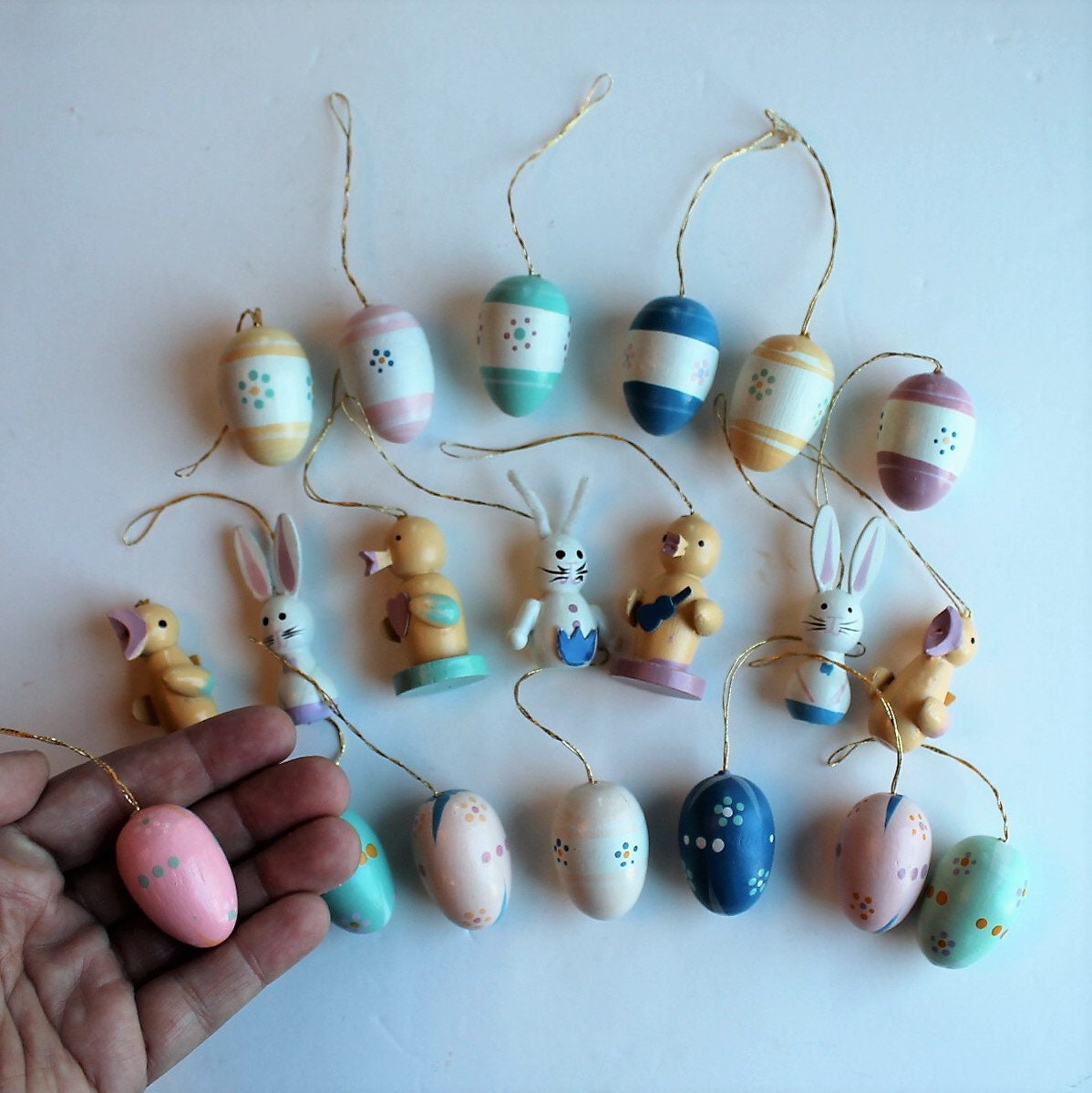 Wintage Wood Easter Ornaments Set of 20 Miniature Wooden Eggs Birds