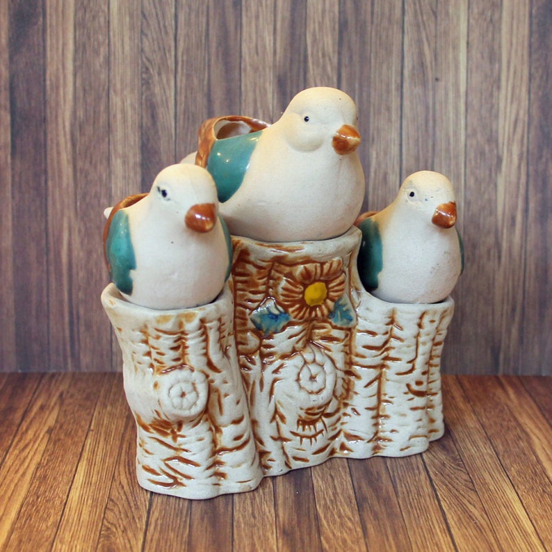 Vintage Stoneware Bird on Tree Branch Figurine Candle Holder with Three Birds and Ceramic Tree White Brown Blue Free Shipping