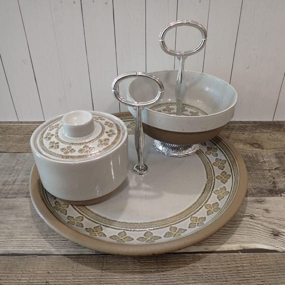 Vintage Midwinter PROVENCE STONEWORKS Serving Set of 3 Platter Bowl and Sugar Bowl White and Tan Stoneware Floral Leaf England As Is Repair