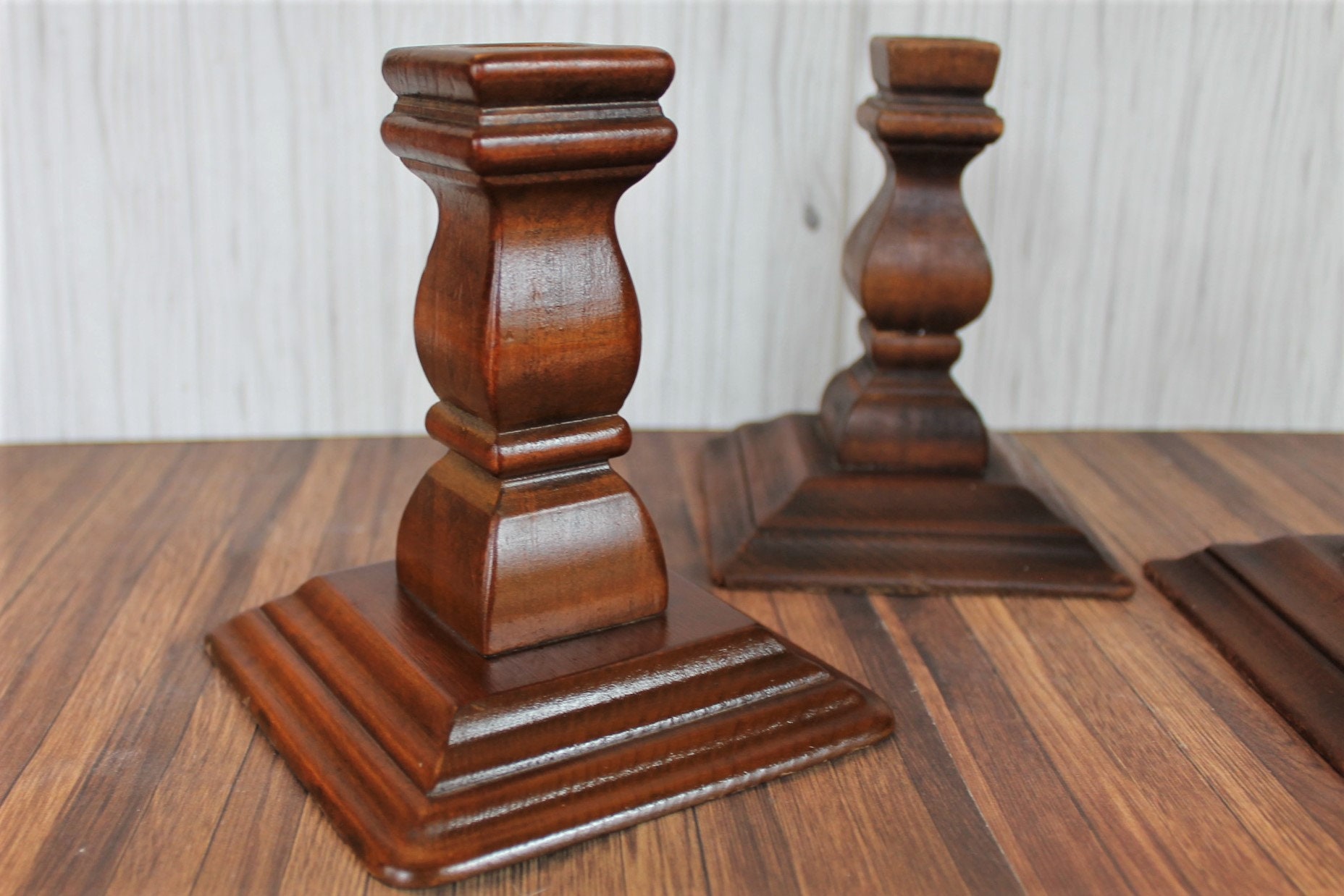 Vintage Wood Candlestick Set f 4 Wooden Candle Holder with Square Bases Traditional Style