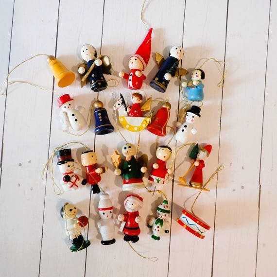Vintage Wooden Christmas Ornaments Set of 20 Wood Ornaments Mix and Match Set Santa Nutcracker Snowman