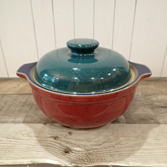 Vintage Denby HARLEQUIN 8" Round Casserole Dish with Lid 1 Quart Serving Bowl Green Blue Ceramic England 1990s