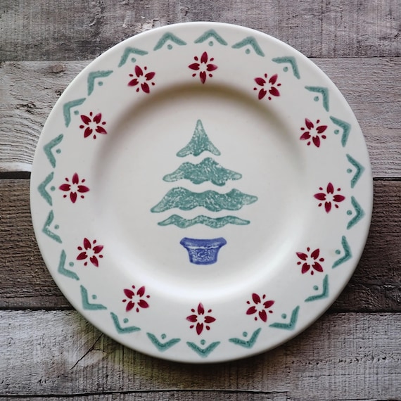 Vintage Pfaltzgraff NORDIC CHRISTMAS Salad Accent Plates Set of 4 Green Blue Christmas Tree Design Folk Art