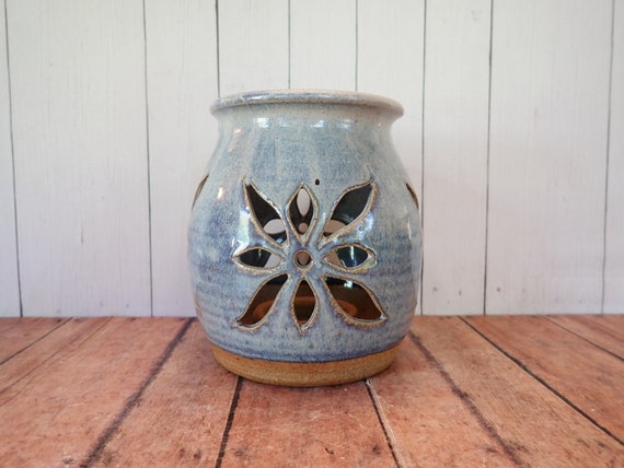Vintage Dunn Country Pottey Stoneware Pottery Luminary Candle Lantern with Flower Leaf Pattern Votive or Tea Light Holder