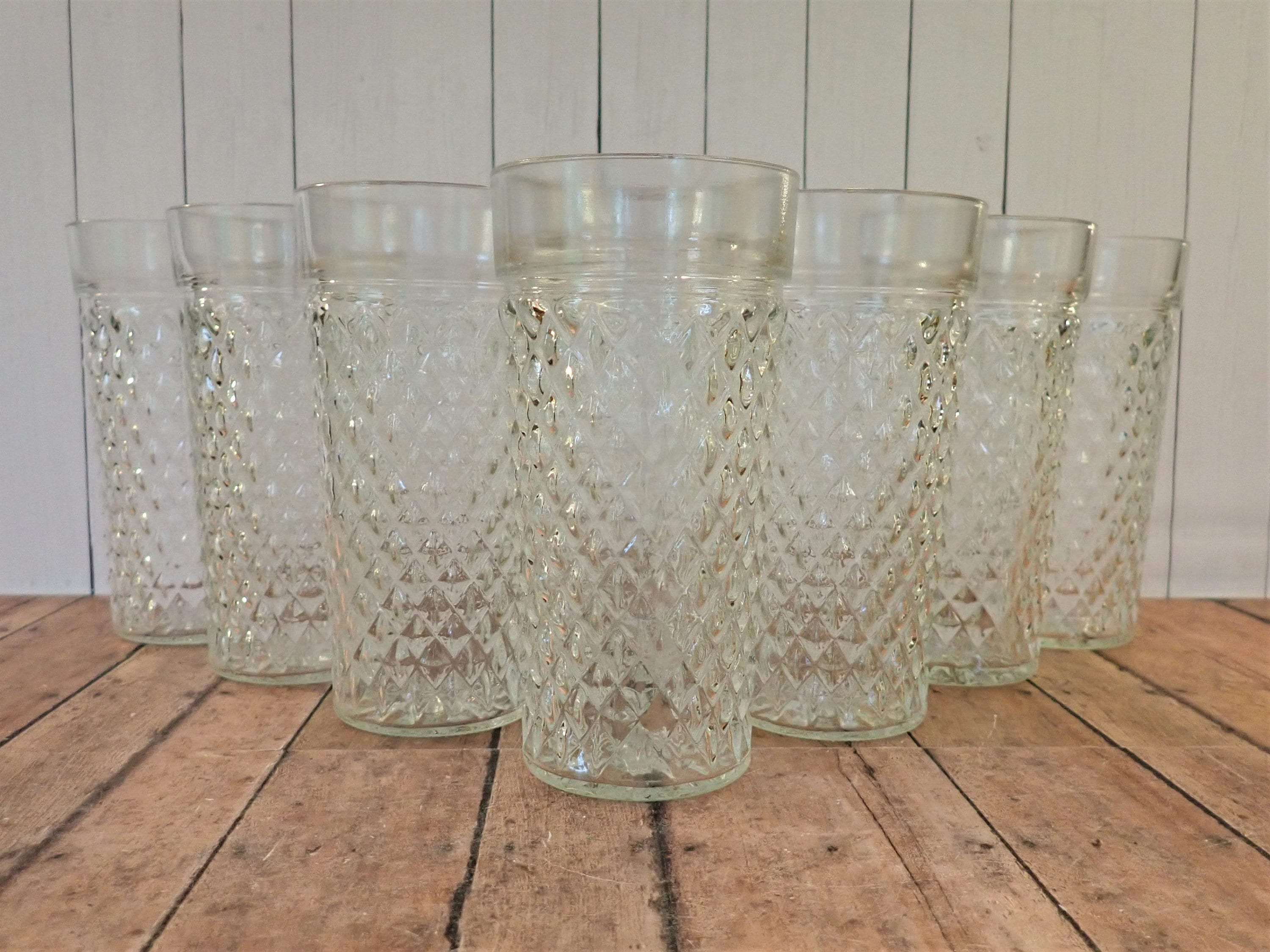 Vintage Clear Jelly Jar Tumblers Set of 8 with Diamond Pattern 12 oz