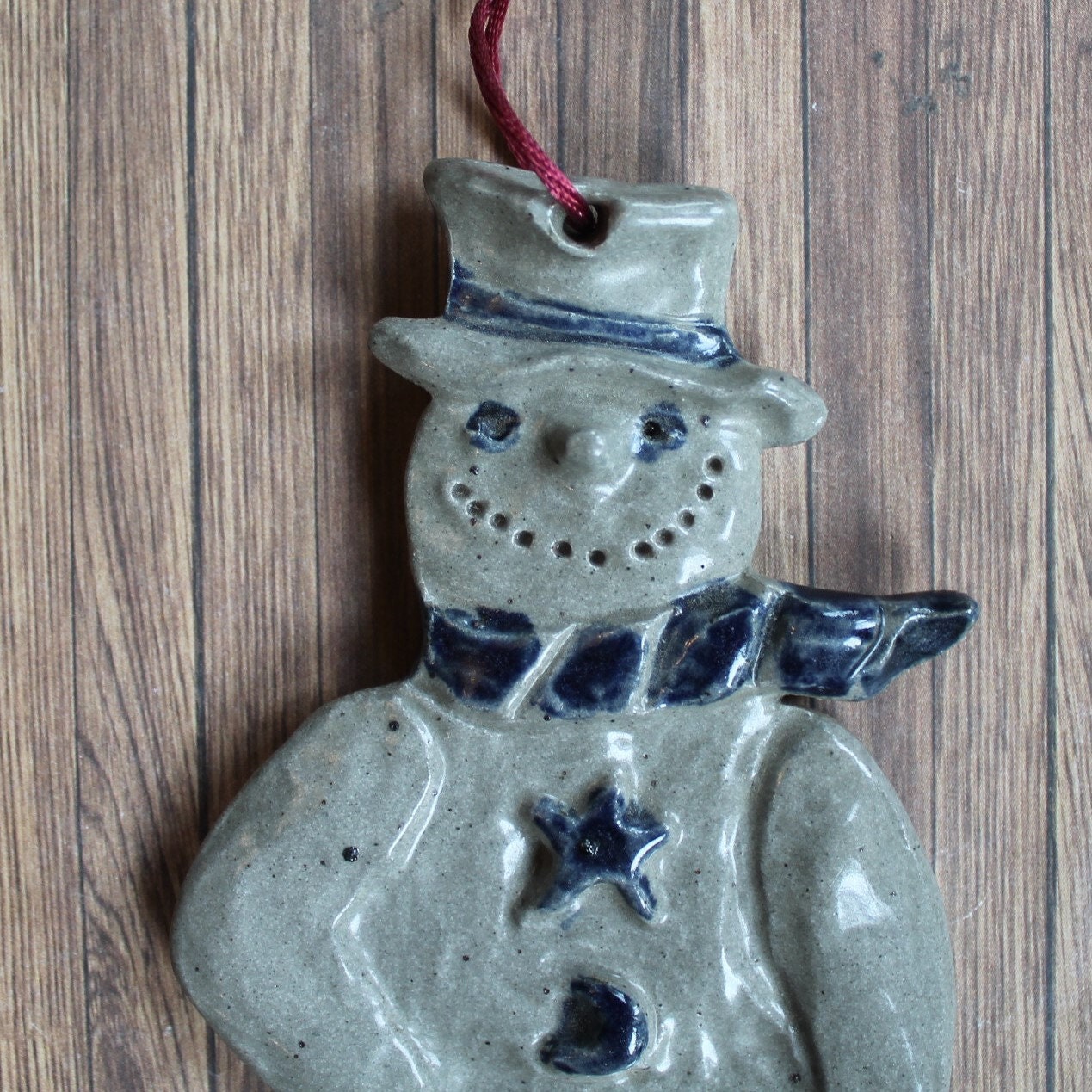 Vintage Rowe Pottery Works Christmas Ornament Stoneware Snowman RPW