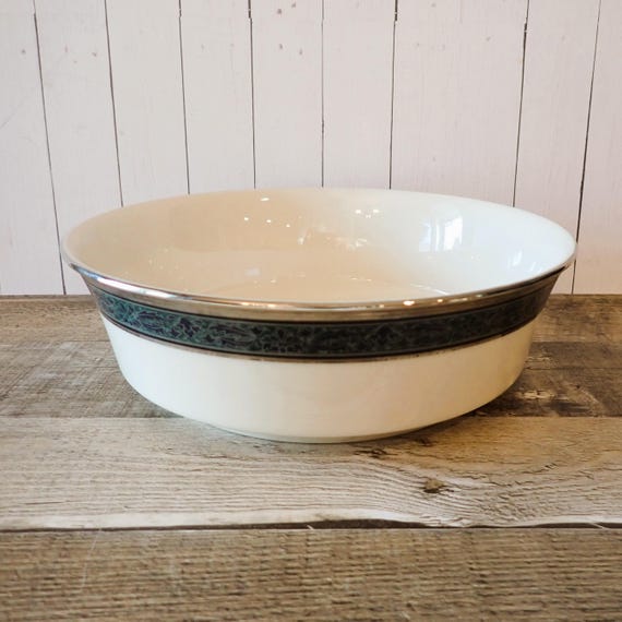 Vintage Lenox Moonlight Mood 9" Round Vegetable Serving Bowl Ivory White with Black and Green Leaf Design Band