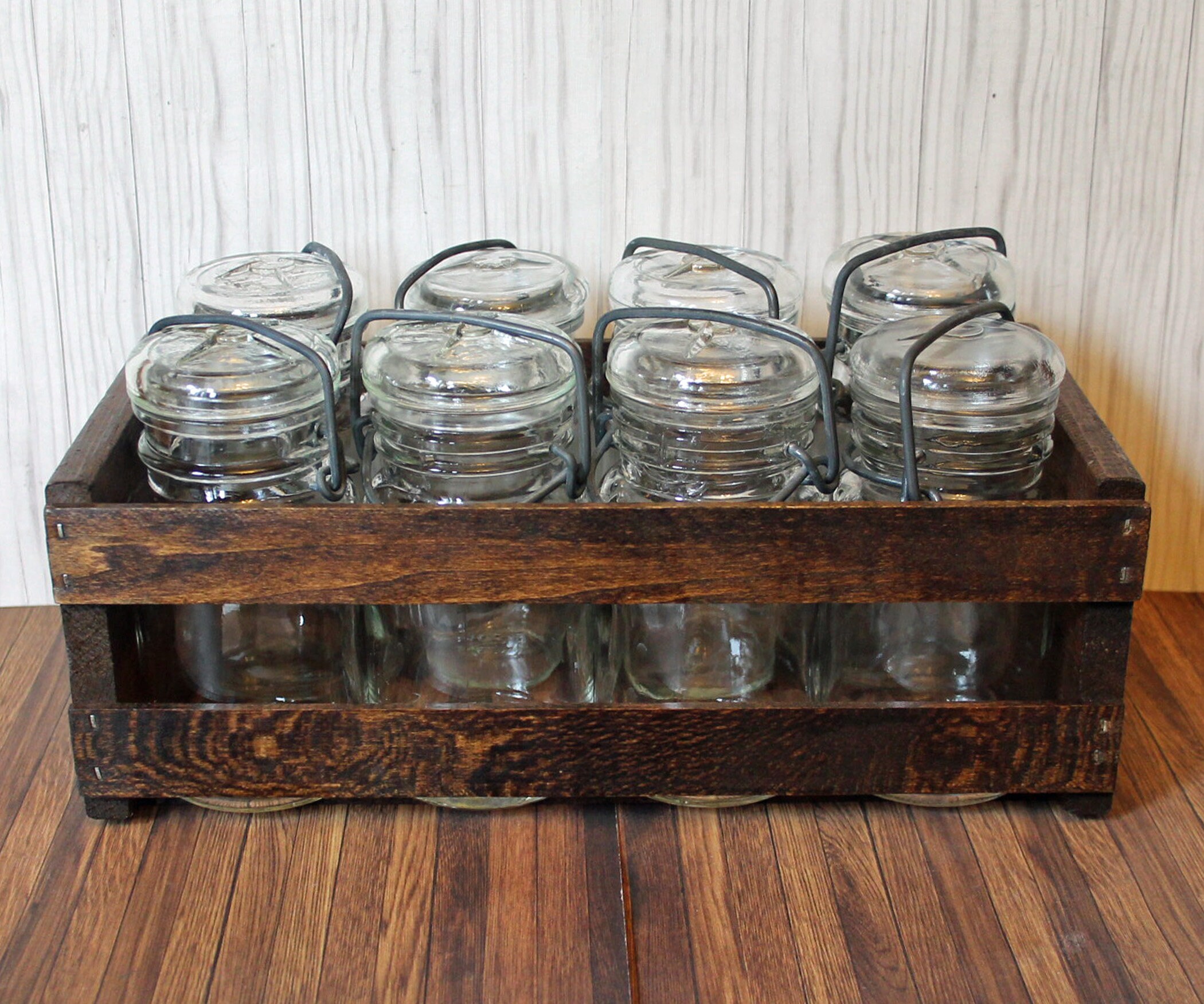 Vintage Set of 8 Clear Glass Canning Bottles with Bail and Lid Wooden