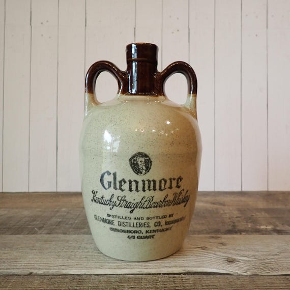 Vintage Glenmore Stoneware Liqueur Whiskey Jug Bottle with Handle  Decanter Barware Kentucky Bourbon Whiskey