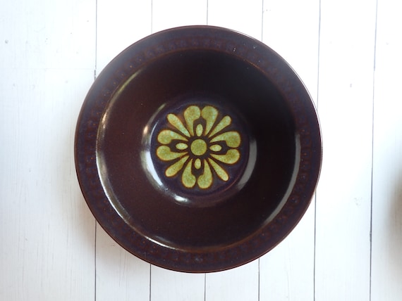 Vintage Crown Royal KASHMIR Stoneware Cereal Bowl Set of 3 Brown with Green Modern Flower Design Stonecraft Japan