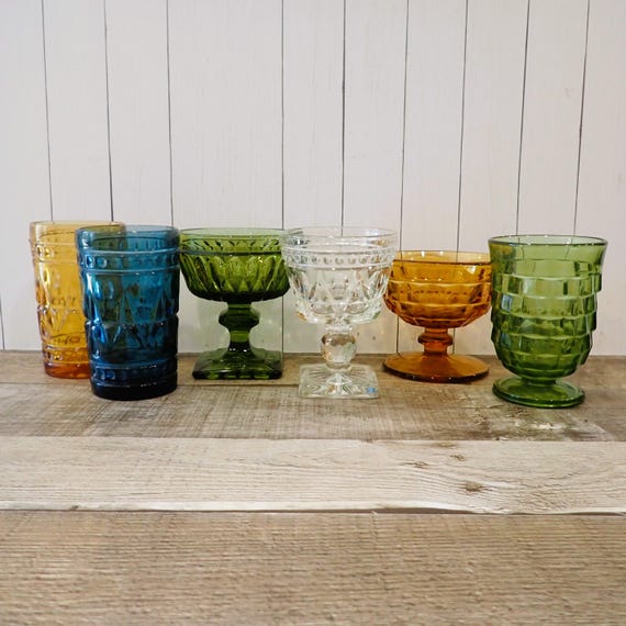 Vintage Mismatched Blue Amber Clear Glass Juice and Sherbet Champagne Glasses Set of 6 Mix and Match Set