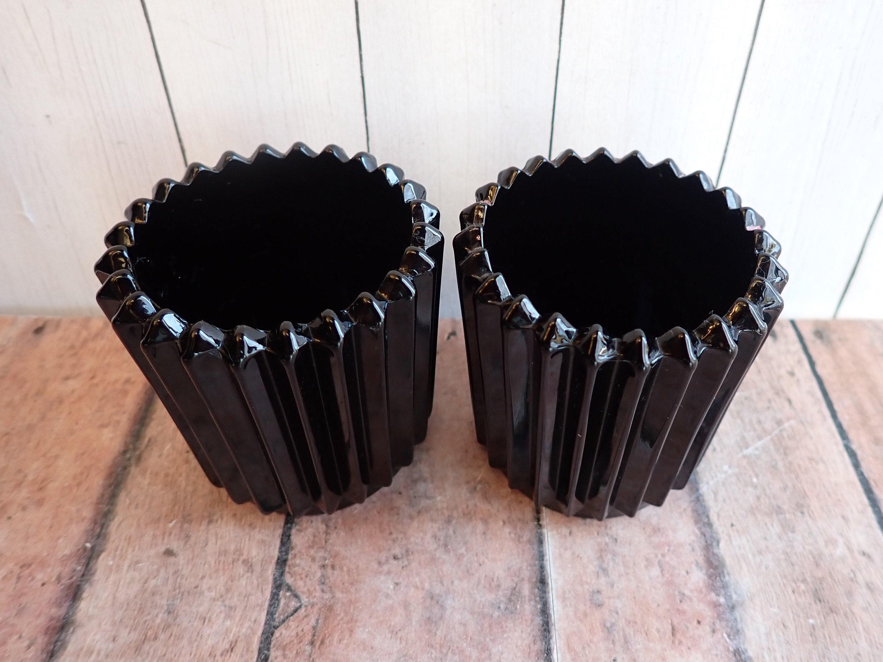 Vintage Black Glass Votive or Tealight Candle Holder Set of 2 Vertical