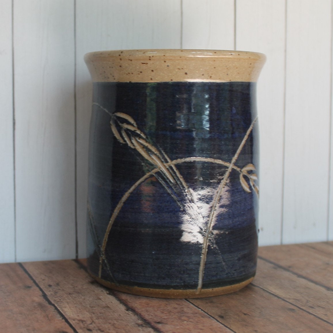 Vintage ANNAPOLIS POTTERY Stoneware Utensil Holder or Vase Blue and