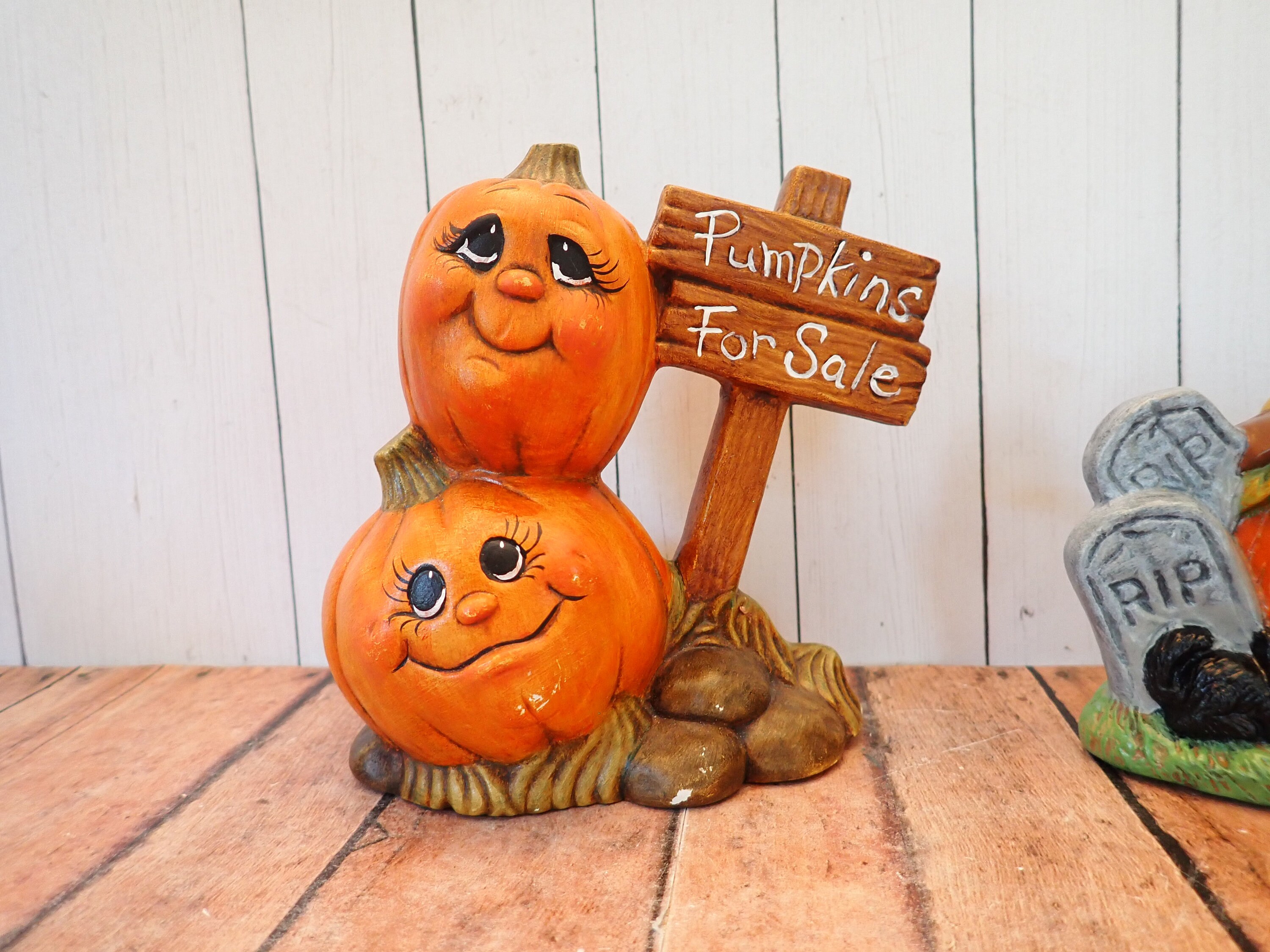 Vintage Ceramic Halloween Figurine Set of 2 Pumpkin Jack O Lantern