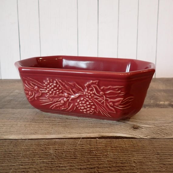 Vintage Longaberger Pottery Paprika Side Dish Bowl with Pine Cone and Holly Design