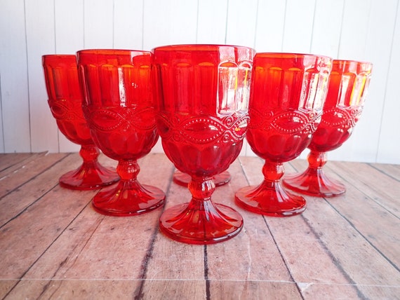 Vintage Red Glass Eye Winker 6" Water Goblet Set of 6 Red Wine Glasses with Eye Design