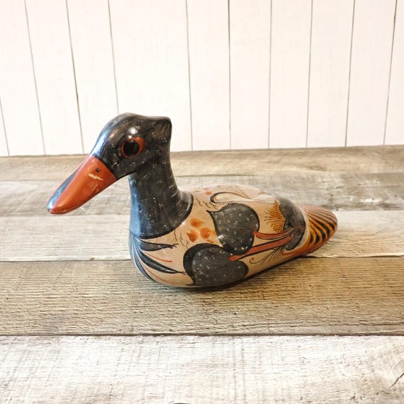 Vintage Tonala Duck Bird Figurine Burnished Mexican Pottery