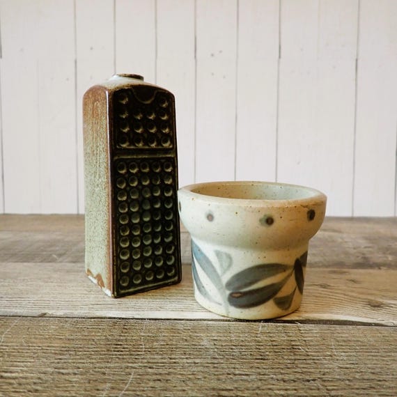 Vintage Stoneware Bud Vase and Small Planter Set of 2 Grey White Mid Century Modern Rustic Style Modern Design