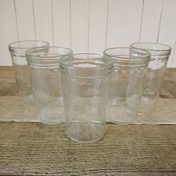 Vintage Jelly Jar Juice Glasses Tumblers Set of 5 Star Border Design Clear Drinking Glass