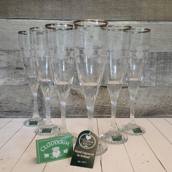 Vintage Eamon Glass CLADDAGH Irish Glass Fluted Champagne Glasses Set of 6 Flutes Clear with Frosted Design