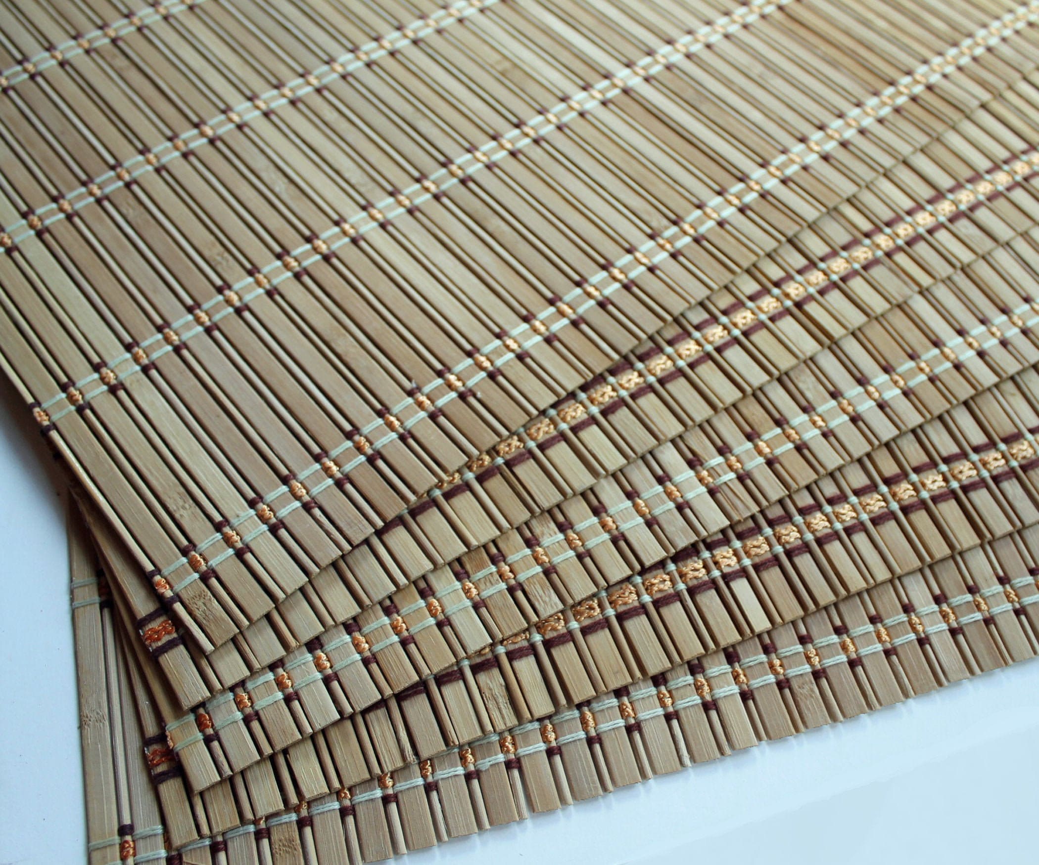 Vintage Bamboo Woven Placemats Set of 5 Tan Flat Slat Pattern Wood