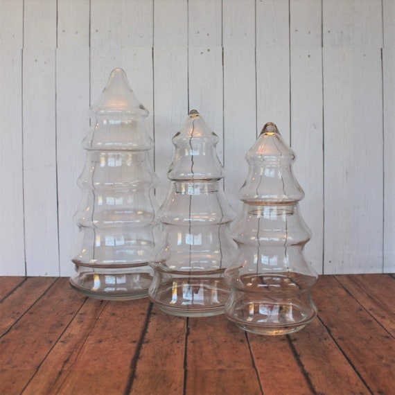 Vintage Clear Glass Tall Christmas Pine Tree Jar Canister Set of 3 Matching Large Medium and Small Candy Dish