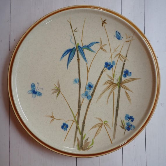 Vintage Mikasa Oriental Classics WHISPERING BAMBOO Dinner Plate Set of 2 Tan Stoneware with Blue and Brown Bamboo Design