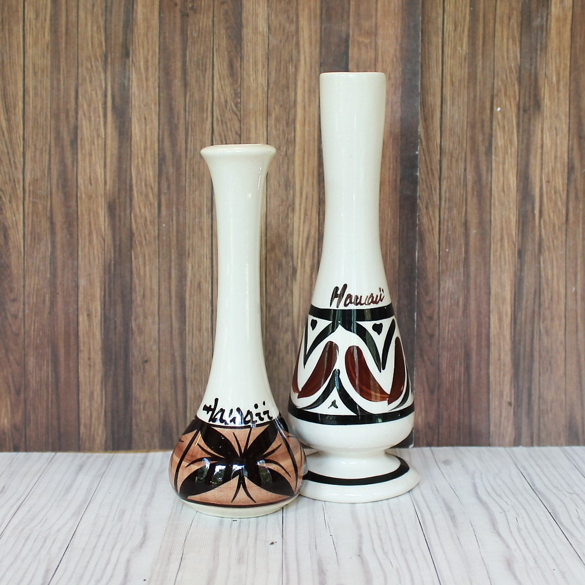 Vintage Ceramic Hawaiian Pottery Bud Vase Set of 2 White Brown Black Tapa Design Floral Leaf