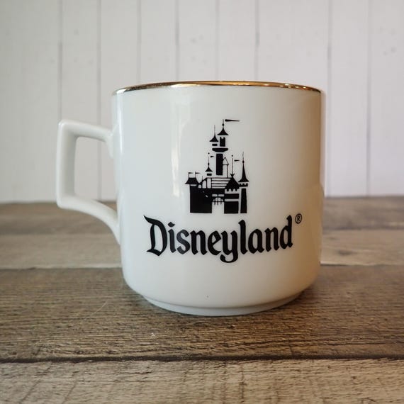 Vintage White Ceramic Disneyland Mug Coffee Cup White with Black Castle Disney Logo