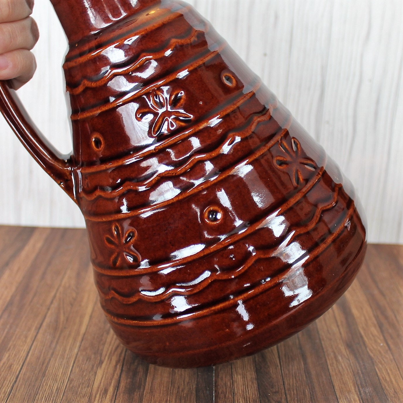 Vintage Marcrest DAISY DOT Carafe Pitcher Brown Stoneware Pottery with