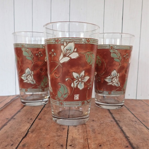 Vintage Pfaltzgraff MISSION FLOWER 16 oz. Glassware Cooler Tumbler Glass Set of 3 Glasses Cream Rust Brown Stoneware with Floral Design