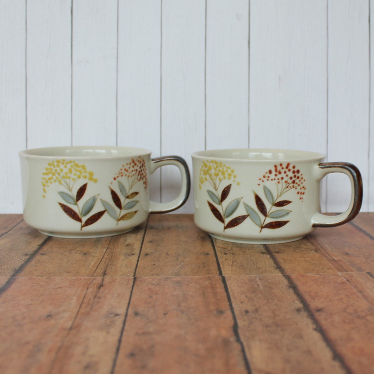 Vintage Stoneware Soup Bowl Mug with Handle Set of 2 White with Blue