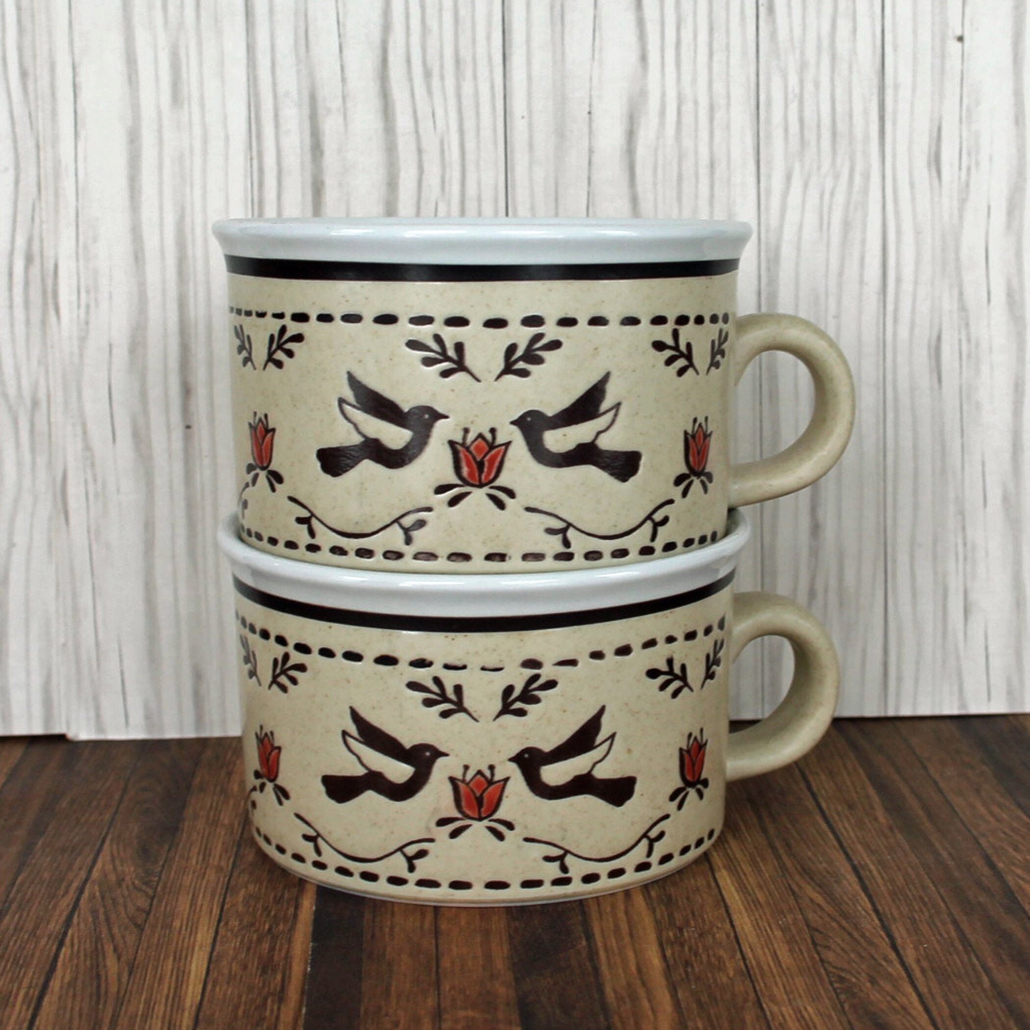 Vintage Soup Bowl with Handle Set of 2 Tan with Brown and Pink Bird ...