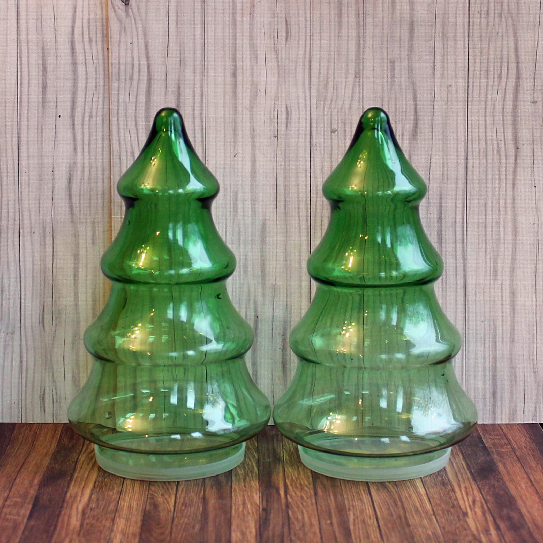 Vintage Glass Christmas Pine Tree Jar Set of 2 Green Containters Canisters