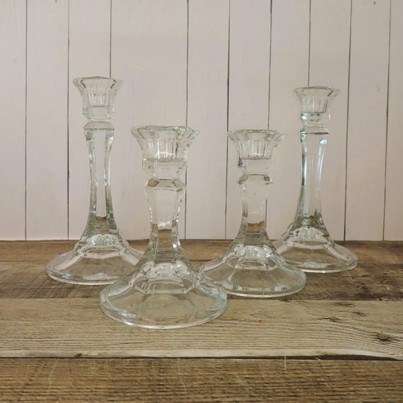 Vintage Indiana Glass Clear Candlestick Holders Set of 4 Candle Holders