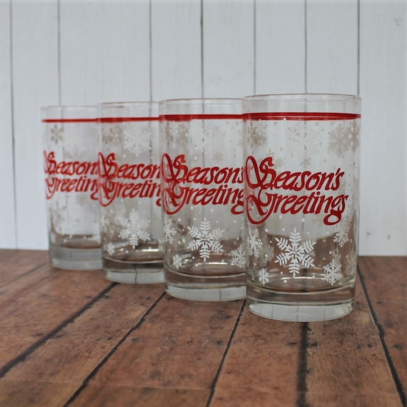 Vintage Libbey Glass Seasons Greetings Tumbler Glasses Set of 4 with Snowflake Christmas Holiday Clear White Red