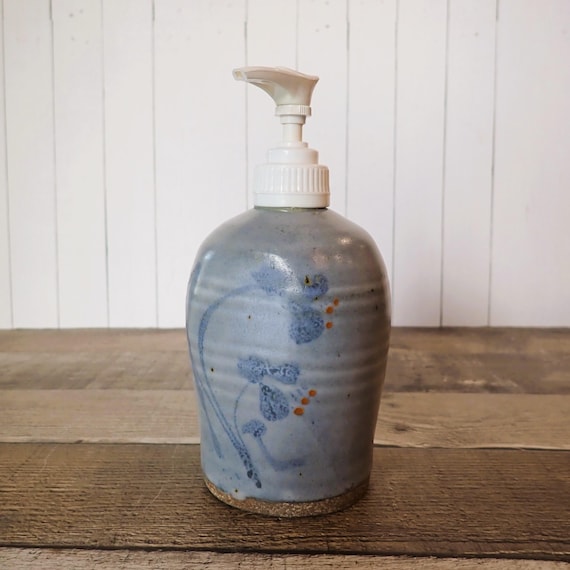 Vintage Peggy Ahlgren Wilson Creek Pottery Soap Dispenser Blue with Flower Design Hand Made Studio Pottery