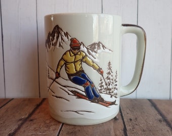 Vintage Otagiri Stoneware Downhill Skier Mug White Brown Blue with Snow and Trees Skiing Mug