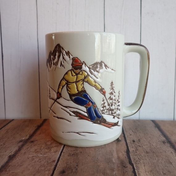 Vintage Otagiri Stoneware Downhill Skier Mug White Brown Blue with Snow and Trees Skiing Mug