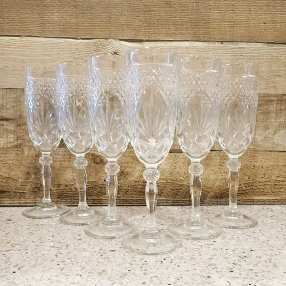 Vintage Cristal D'Arques-Durand Antique Clear Fluted Champagne Glass Set of 6 Floral Pineapple Lattice Design Luminarc Made in USA